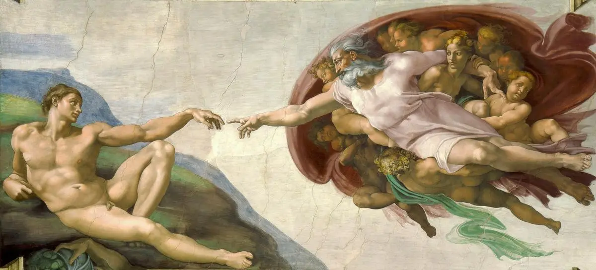 Detail from Michelangelo’s fresco, “The Creation of Adam”, where God animates the first man with a touch of his fingertip. Detail from Michelangelo’s fresco, “The Creation of Adam”, where God animates the first man with a touch of his fingertip.