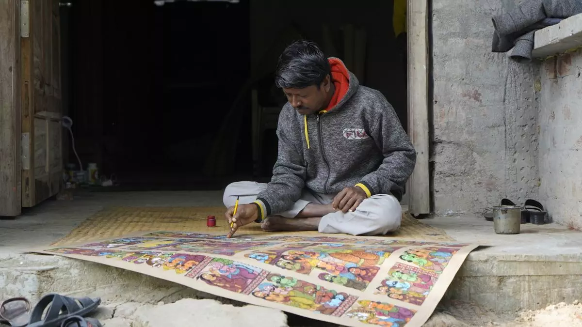 Saramuddin Chitrakar working on a Ramayana-themed patachitra at Naya, the Muslim-majority village in Paschim Medinipur where all 176 households are patachitra artists. All have the same surname, Chitrakar, which means artist.