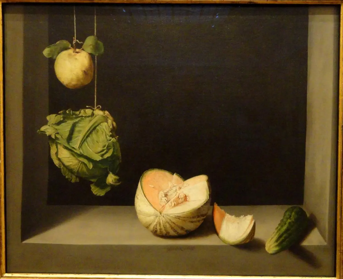 A painting titled Quince, Cabbage, Melon, and Cucumber by Juan Sanchez Cotan, c. 1602, at the San Diego Museum of Art.