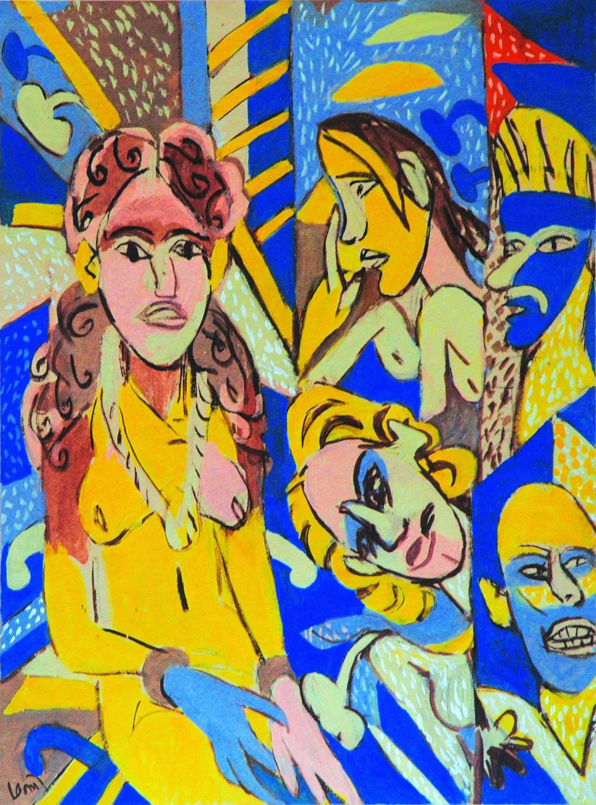 Figure and Faces, Gouache on handmade paper, 31 x 22.5 in., 2008. Signed in Tamil (lower left). Figure and Faces, Gouache on handmade paper, 31 x 22.5 in., 2008. Signed in Tamil (lower left).