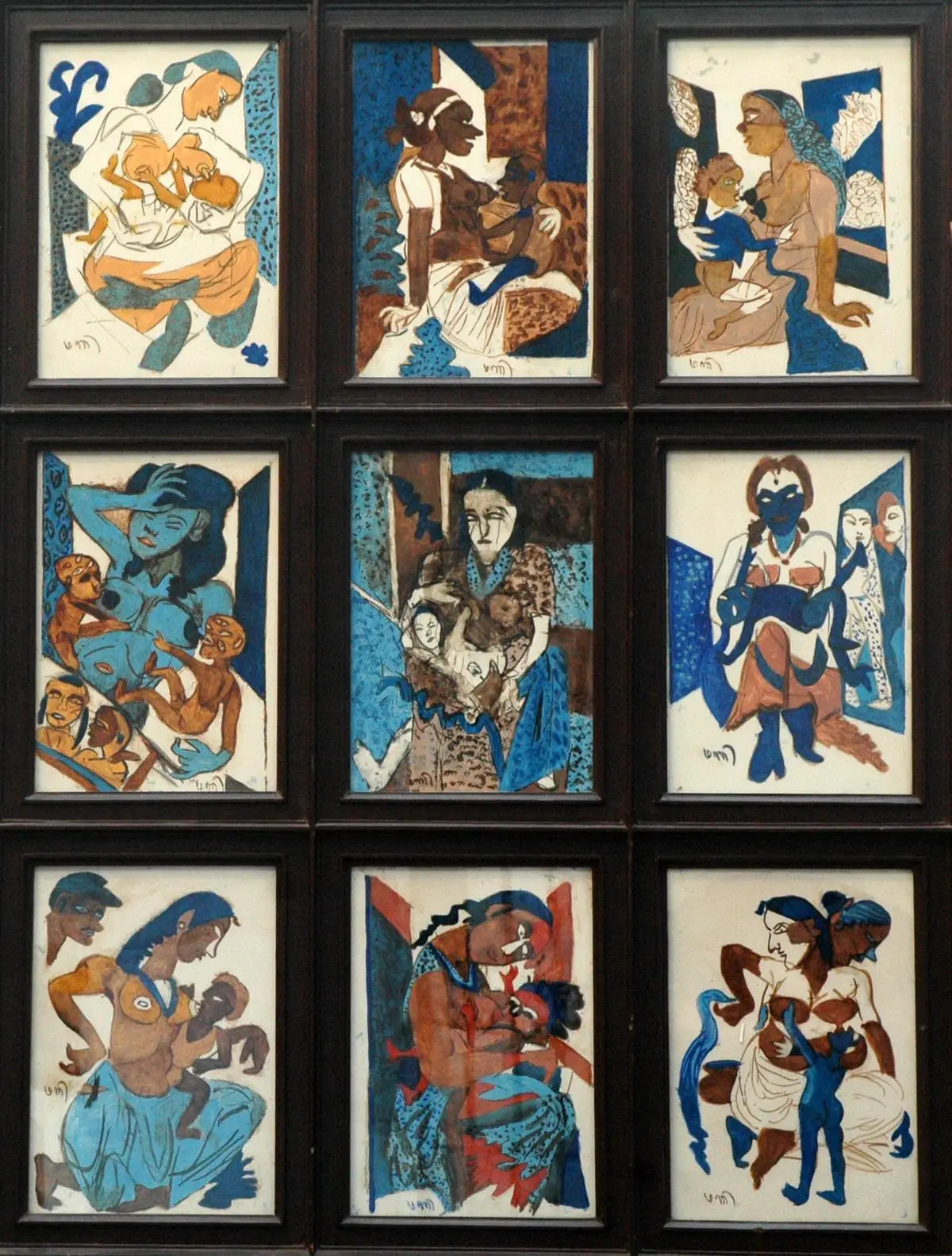 Polyptich 3, Watercolour and oil on mylar sheet, 42x32.5 in, 1998. Each signed in Tamil.