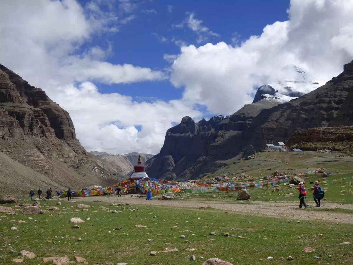 The parikrama route of Mt Kailash, with a Buddhist chorten (shrine).