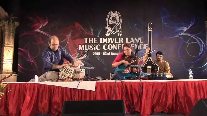 Classical violinist Kala Ramnath performs with Abhijit Banerjee on table at Dover Lane Music Conference, 2015.