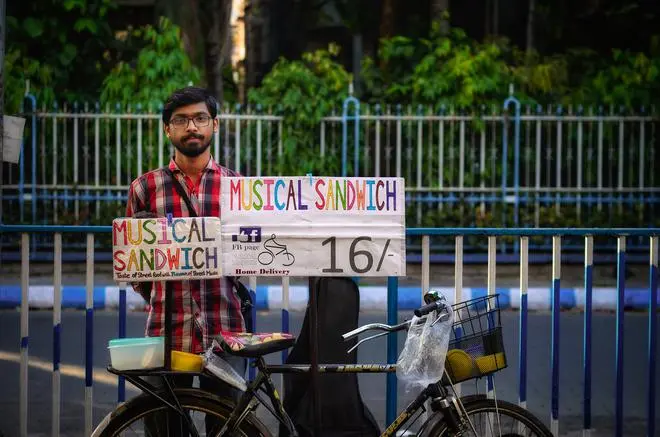 Nilanjan Saha with his “Musical Sandwich”. Nilanjan Saha with his “Musical Sandwich”.