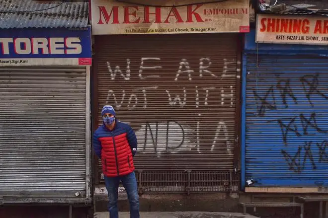 Graffiti in Srinagar’s Kokar Bazar area. Graffiti in Srinagar’s Kokar Bazar area.