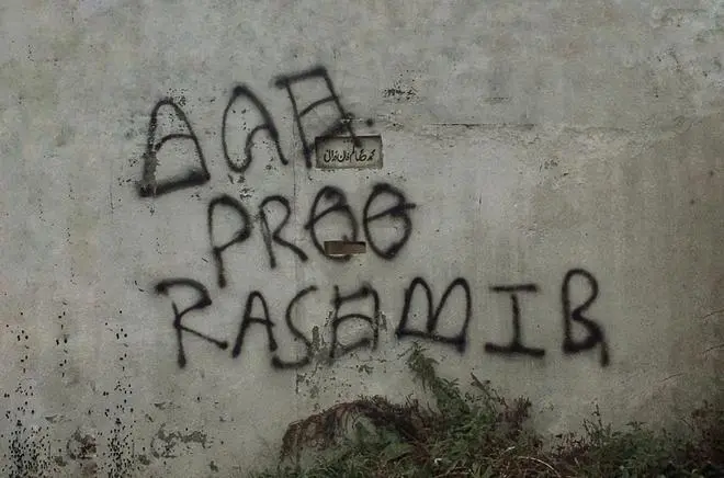 “Free Kashmir” graffiti in Srinagar’s Hawal area in October 2022. “Free Kashmir” graffiti in Srinagar’s Hawal area in October 2022.