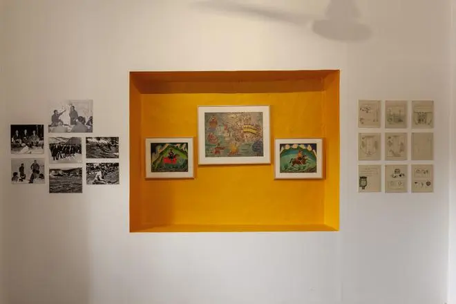 The niche in the wall with the yellow background shows artwork made by the Tibetan trainees of Camp Hale. The volunteers were given art classes in addition to training in guerrilla warfare. The niche in the wall with the yellow background shows artwork made by the Tibetan trainees of Camp Hale. The volunteers were given art classes in addition to training in guerrilla warfare.