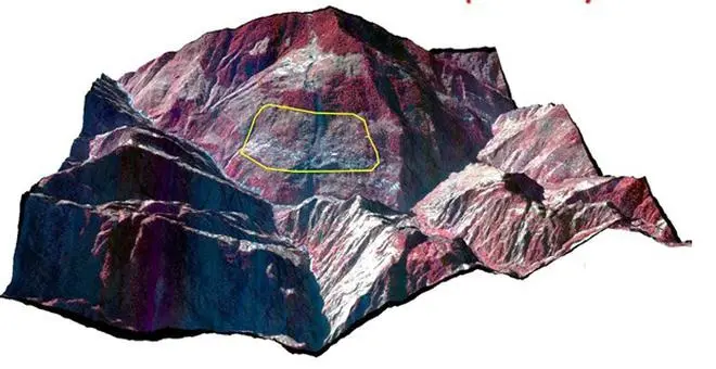 Fig. 1: A satellite image of the Great Himalaya of steep valleys, created by the National Remote Sensing Agency. The Joshimath human settlement is delineated by a yellow contour. Fig. 1: A satellite image of the Great Himalaya of steep valleys, created by the National Remote Sensing Agency. The Joshimath human settlement is delineated by a yellow contour.