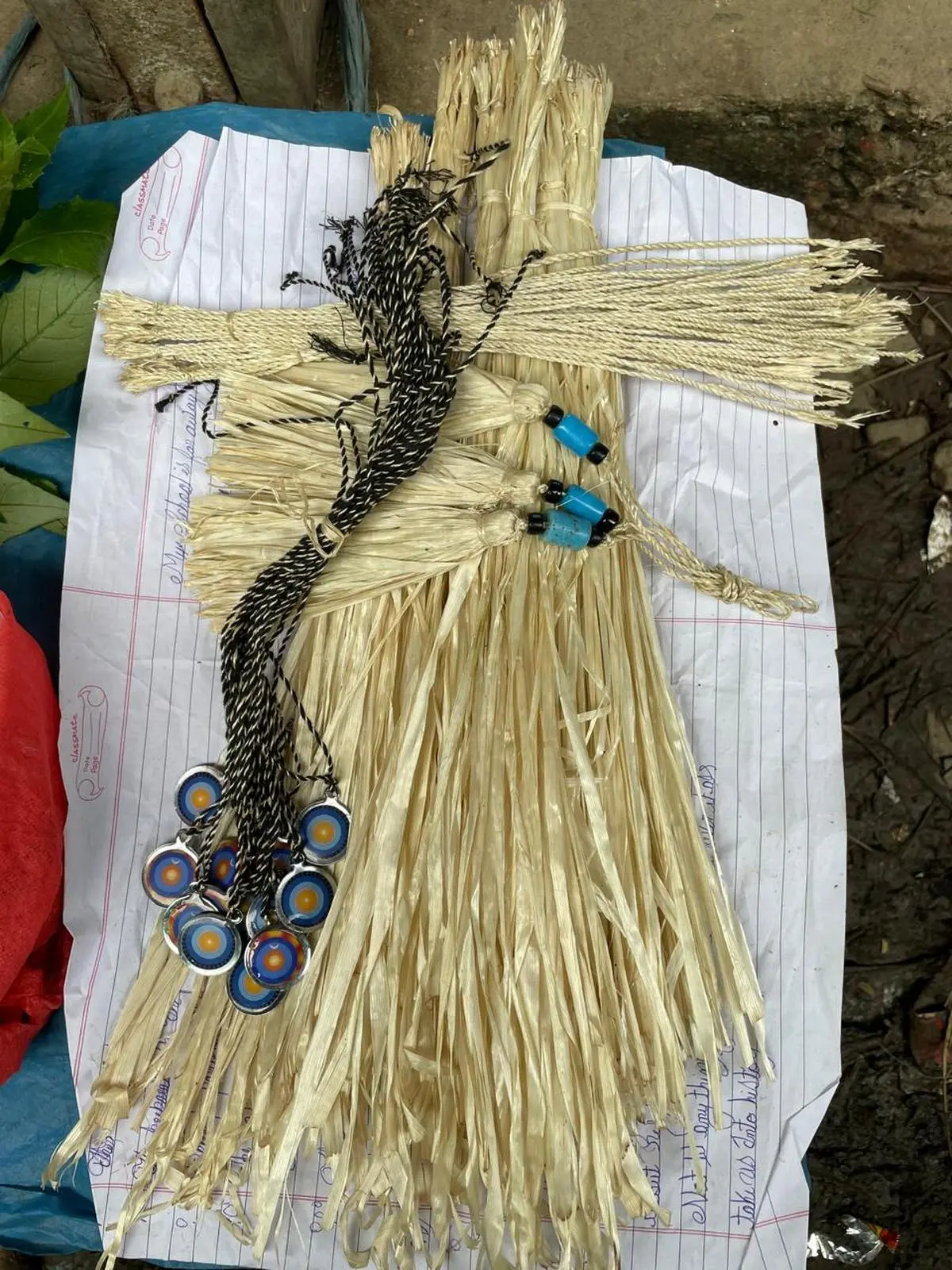 The ridin thread is a symbol of blessings, healing, and divine protection for the Adi people. It is prepared from the fibre of a plant, Pueraria lobata. The ridin thread is a symbol of blessings, healing, and divine protection for the Adi people. It is prepared from the fibre of a plant, Pueraria lobata.
