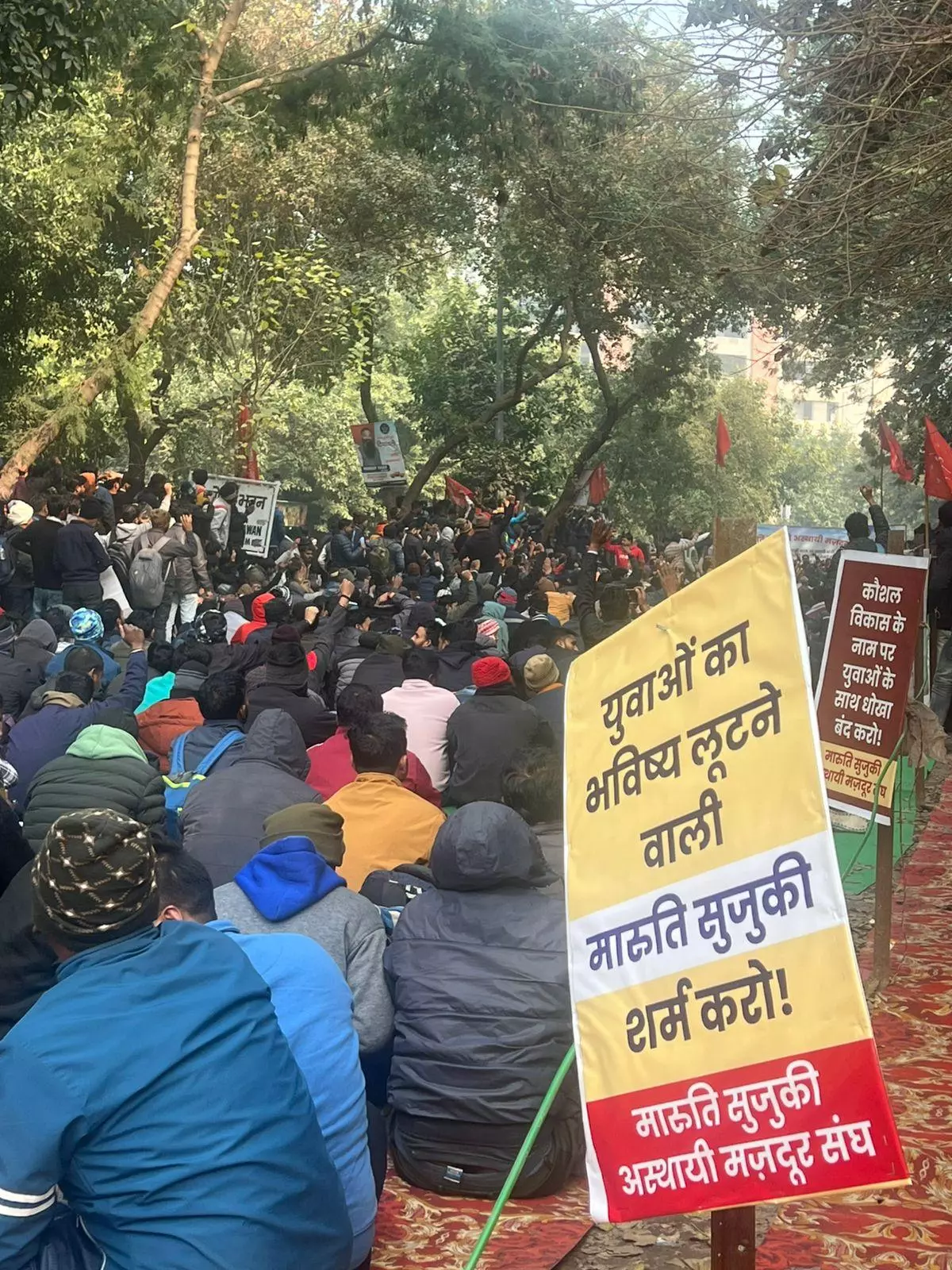 At a protest against alleged illegal and unethical labour practices of Maruti Suzuki India Ltd, at Manesar, Haryana.