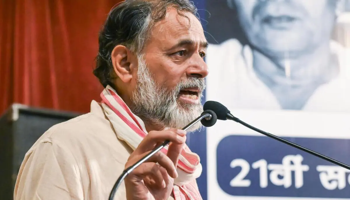 Social Activist Yogendra Yadav speaks during the birth anniversary of leader of the Indian independence movement Madhu Limaye at Rajendra Bhavan, in New Delhi in May 2026.