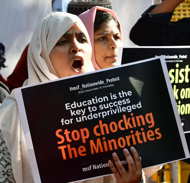 Members of Muslim Students Federation (MSF) at a nationwide protest against the cancellation of MANF and the pre-matric scholarship scheme, at Jantar Mantar in New Delhi on December 15. Members of Muslim Students Federation (MSF) at a nationwide protest against the cancellation of MANF and the pre-matric scholarship scheme, at Jantar Mantar in New Delhi on December 15.