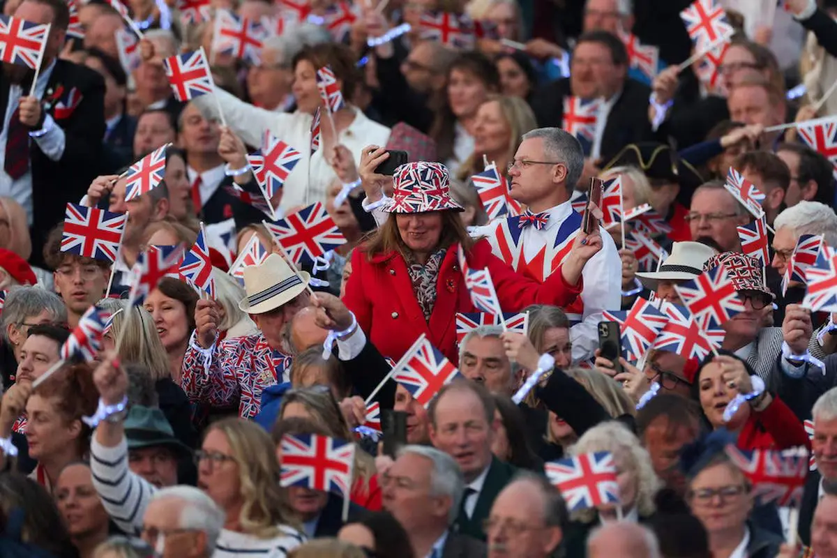Crowd attends the “VE Day 80: A Celebration to Remember” concert from Horse Guards Parade, concluding the commemorations for the 80th anniversary of VE Day in London on May 8, 2025.