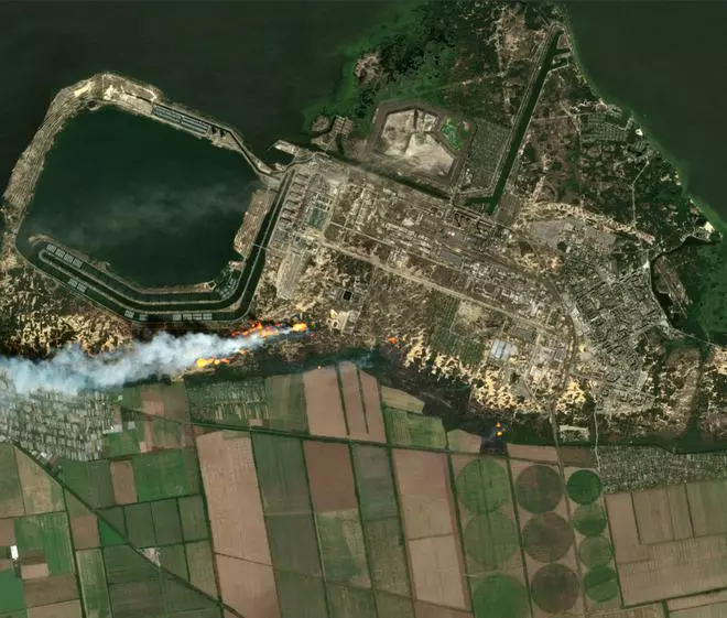 A satellite view of fire in the Zaporizhzhia nuclear power plant, in Enerhodar in Zaporizhzhia region, Ukraine, on August 24.