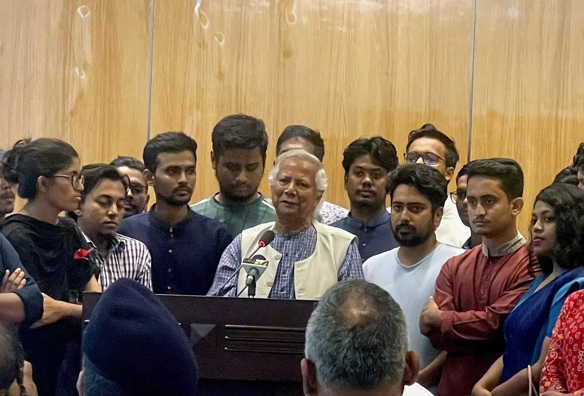 Nobel laureate Muhammad Yunus speaks to the media in Dhaka on August 8.