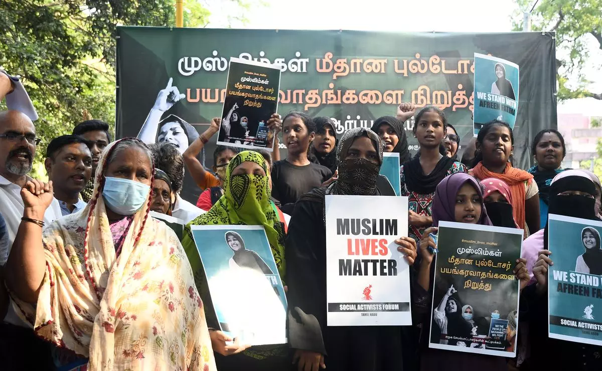 Members of Social Activists Forum, Tamil Nadu staging demonstration near Rajarathinam stadium, Egmore in Chennai on June 19, condemning the demolition of homes and businesses belonging to Muslims, in what critics call a growing pattern of “bulldozer justice” aimed at punishing activists from the minority group. 