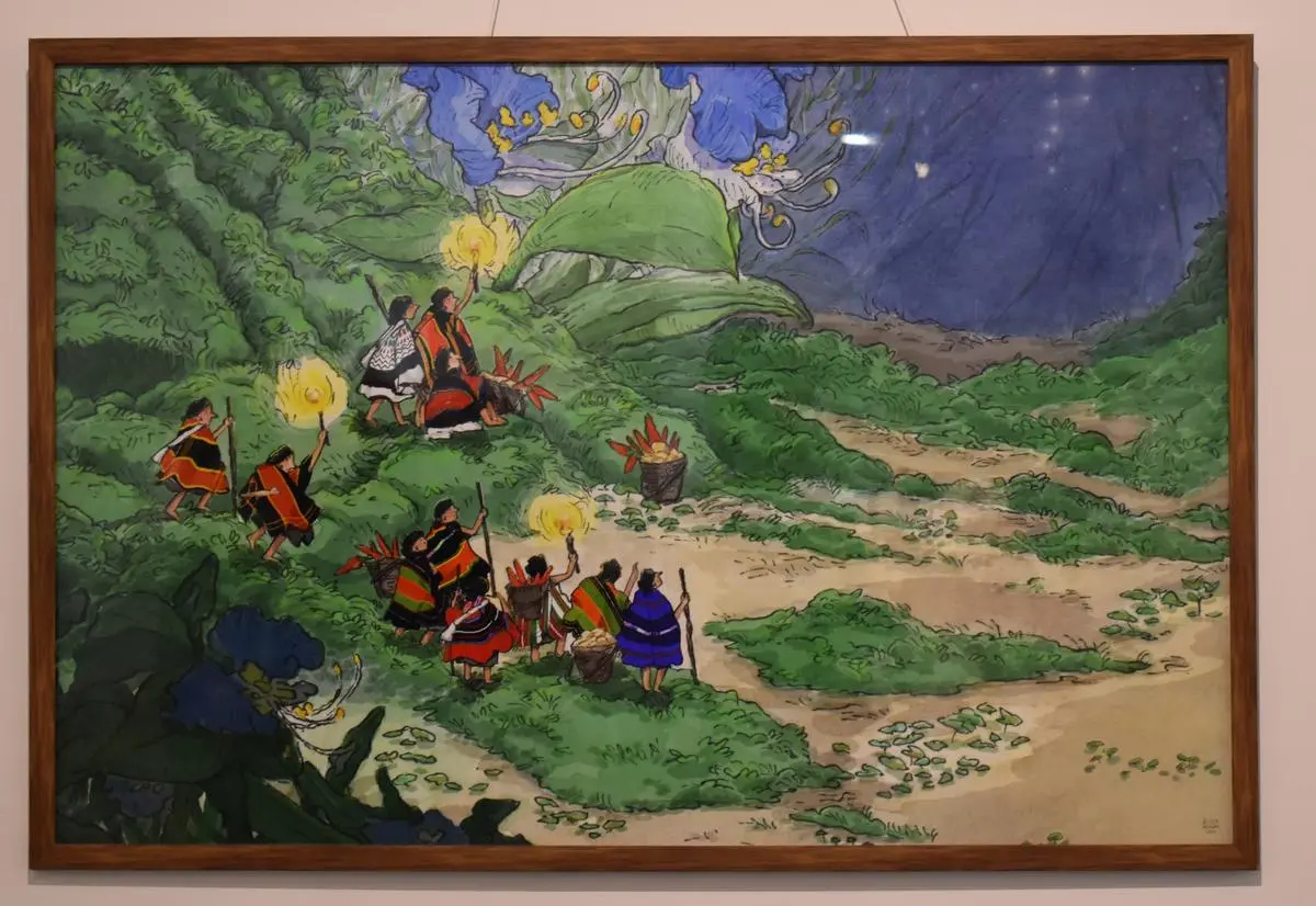 The painting depicts native tribesmen navigating their way through the forest with torches in their hands in a time before “Zou Gal”.
