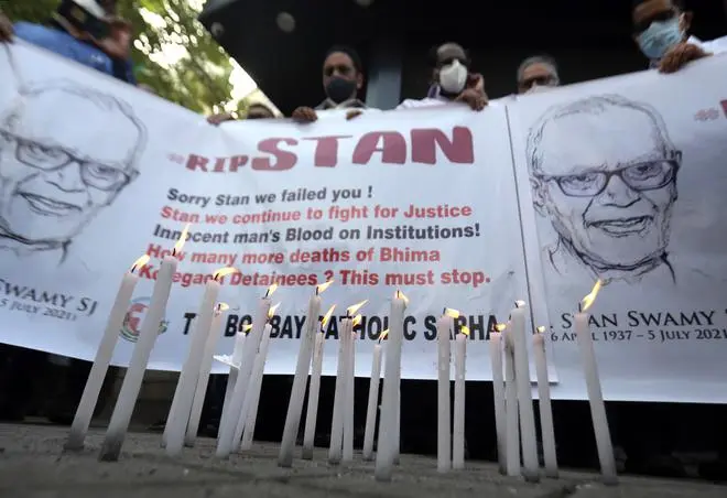 Outside a church in Mumbai where Father Stan Swamy’s funeral was held, on July 06, 2021. Outside a church in Mumbai where Father Stan Swamy’s funeral was held, on July 06, 2021.