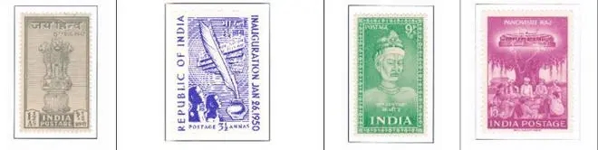 The commemorative stamps the Nehru government issued focussed mostly on national symbols, shared cultural heritage, public institutions, the economy, and wildlife. The issues entitled Jai Hind (1947), Republic of India Inauguration (1950), Poets and Saints (1952), and Panchayati Raj (1962) are cases in point. The commemorative stamps the Nehru government issued focussed mostly on national symbols, shared cultural heritage, public institutions, the economy, and wildlife. The issues entitled Jai Hind (1947), Republic of India Inauguration (1950), Poets and Saints (1952), and Panchayati Raj (1962) are cases in point.