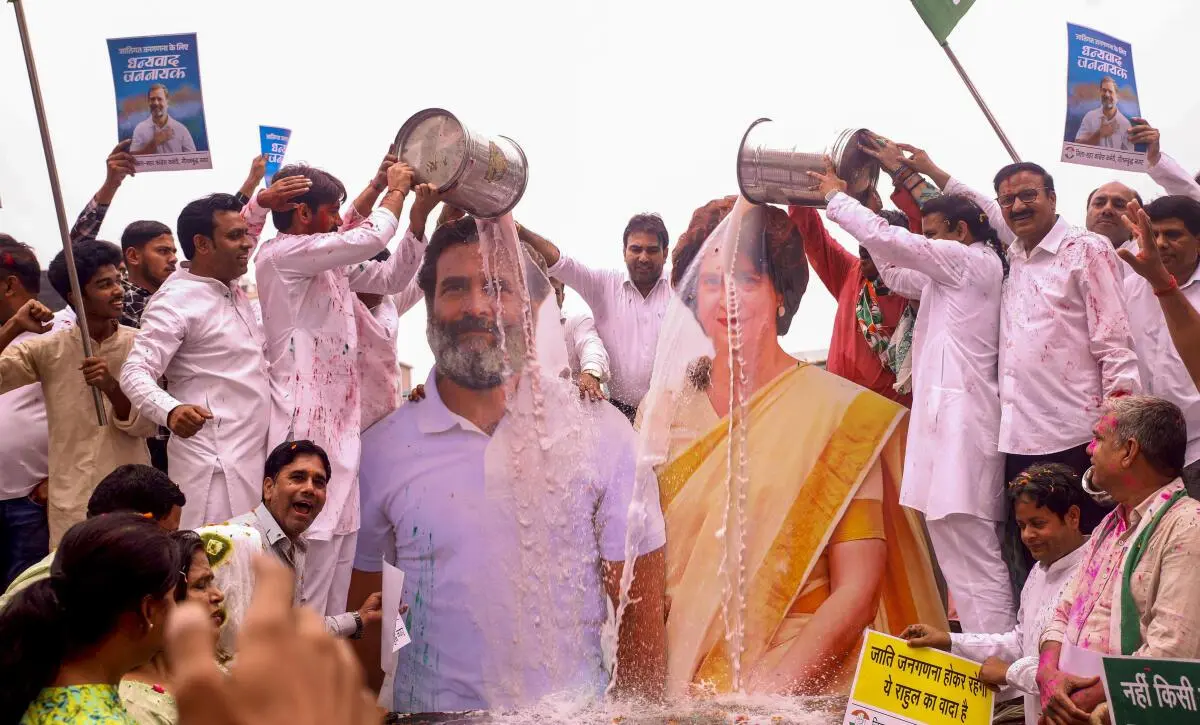 Congress workers take part in a rally to celebrate the centre’s decision to include caste enumeration in the upcoming national census, in Noida, Friday, May 2, 2025. Congress workers take part in a rally to celebrate the centre’s decision to include caste enumeration in the upcoming national census, in Noida, Friday, May 2, 2025.