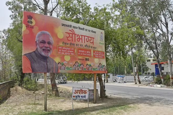 A hoarding advertising the Saubhagya scheme on the outskirts of Alwar in Rajasthan, on April 17, 2018. A hoarding advertising the Saubhagya scheme on the outskirts of Alwar in Rajasthan, on April 17, 2018.