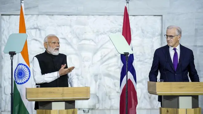 Prime Minister Narendra Modi with his Norwegian counterpart, Jonas Gahr Støre, at a press conference after a meeting between India and the Nordic countries in Oslo on May 19. The press conference became memorable after a Norwegian journalist, Helle Lyng, shouted out to Modi, asking, “Prime Minister Modi, why don’t you take some questions from the freest press in the world?”