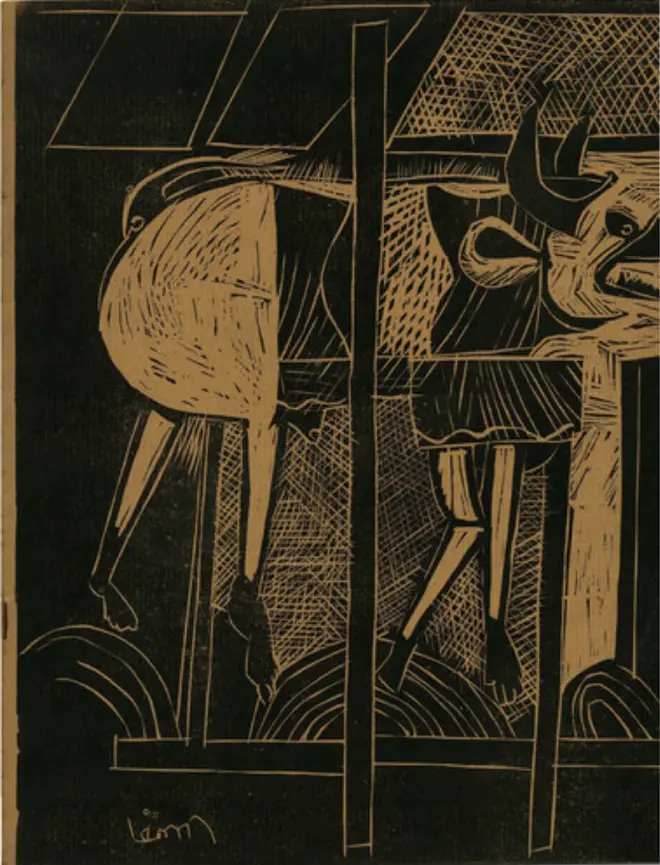 The exhibition invoked flourishing cultural initiatives of the 1960s that were supported by progressive figures such as the Baroda-based artists Gulammohammed Sheikh and Bhupen Khakhar, founders of the arts/literary magazine Vrishchik (Scorpion). Here, the cover of the Year 1, Issue No. 9-10, published in July/August 1970. The cover design is a linocut by K.G. Subramanyan. The exhibition invoked flourishing cultural initiatives of the 1960s that were supported by progressive figures such as the Baroda-based artists Gulammohammed Sheikh and Bhupen Khakhar, founders of the arts/literary magazine Vrishchik (Scorpion). Here, the cover of the Year 1, Issue No. 9-10, published in July/August 1970. The cover design is a linocut by K.G. Subramanyan.