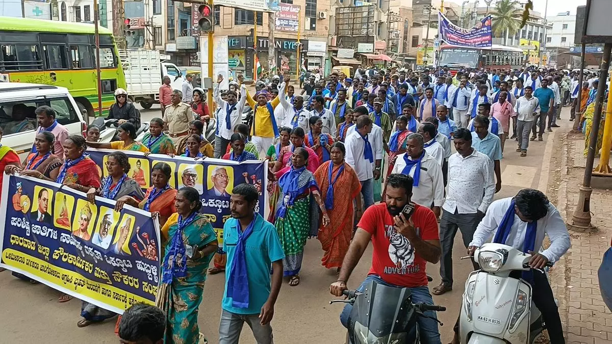 A march by members of various Scheduled Caste communities in Hubballi in August celebrating the Supreme Court decision authorising States to provide internal reservation to the SCs. 