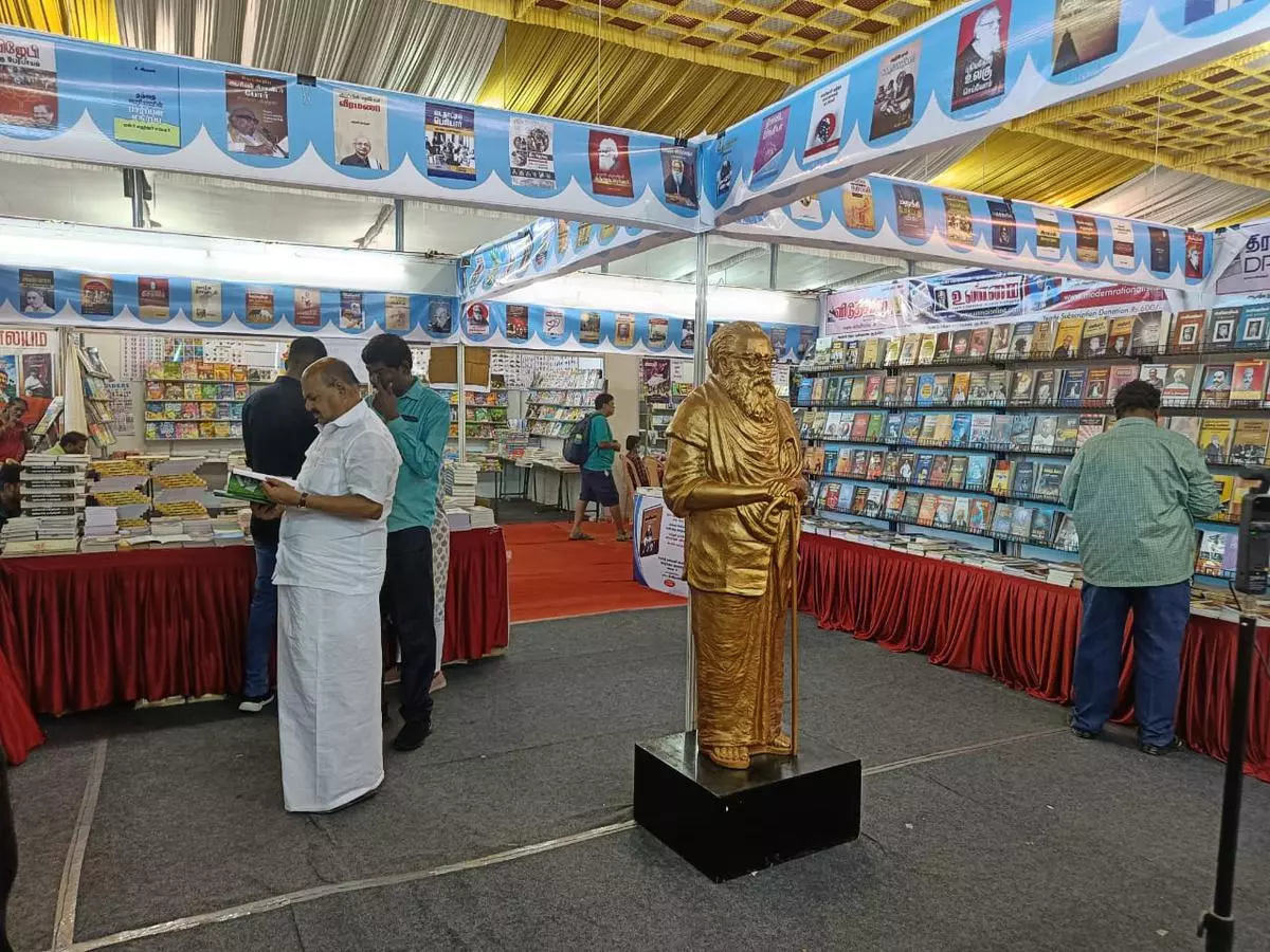 A statue of Periyar standing at the centre of Periyar Self Respect Propaganda Institution’s stall at the 47th edition of Chennai Book Fair, 2024.