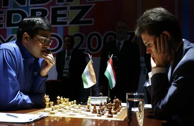 Vishwanathan Anand and Hungarian Peter Leko during the final round of the World Chess Championship Mexico 2007, September 29, in Mexico City. Anand won the tournament on points after tying a match with Leko on the 14th day of the contest. Vishwanathan Anand and Hungarian Peter Leko during the final round of the World Chess Championship Mexico 2007, September 29, in Mexico City. Anand won the tournament on points after tying a match with Leko on the 14th day of the contest.