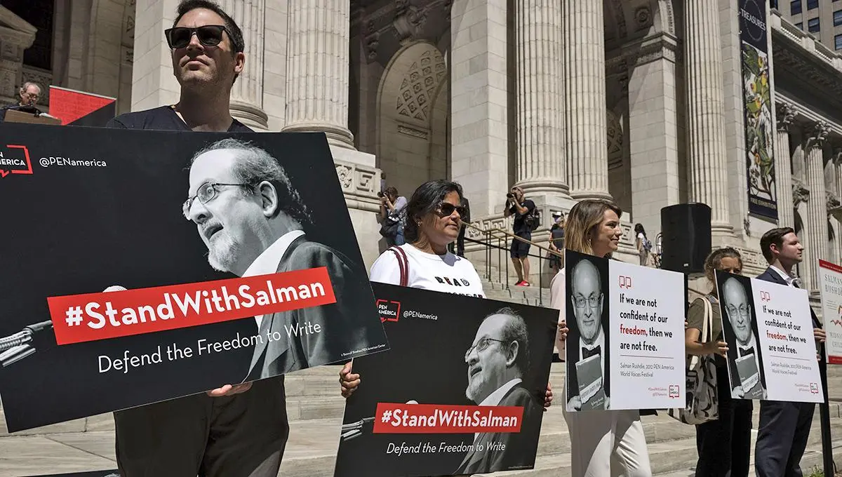 During a reading event at the New York Public Library on August 19, 2022, participants express their solidarity with Salman Rushdie days after he was brutally attacked when he was about to give a lecture in the city. 