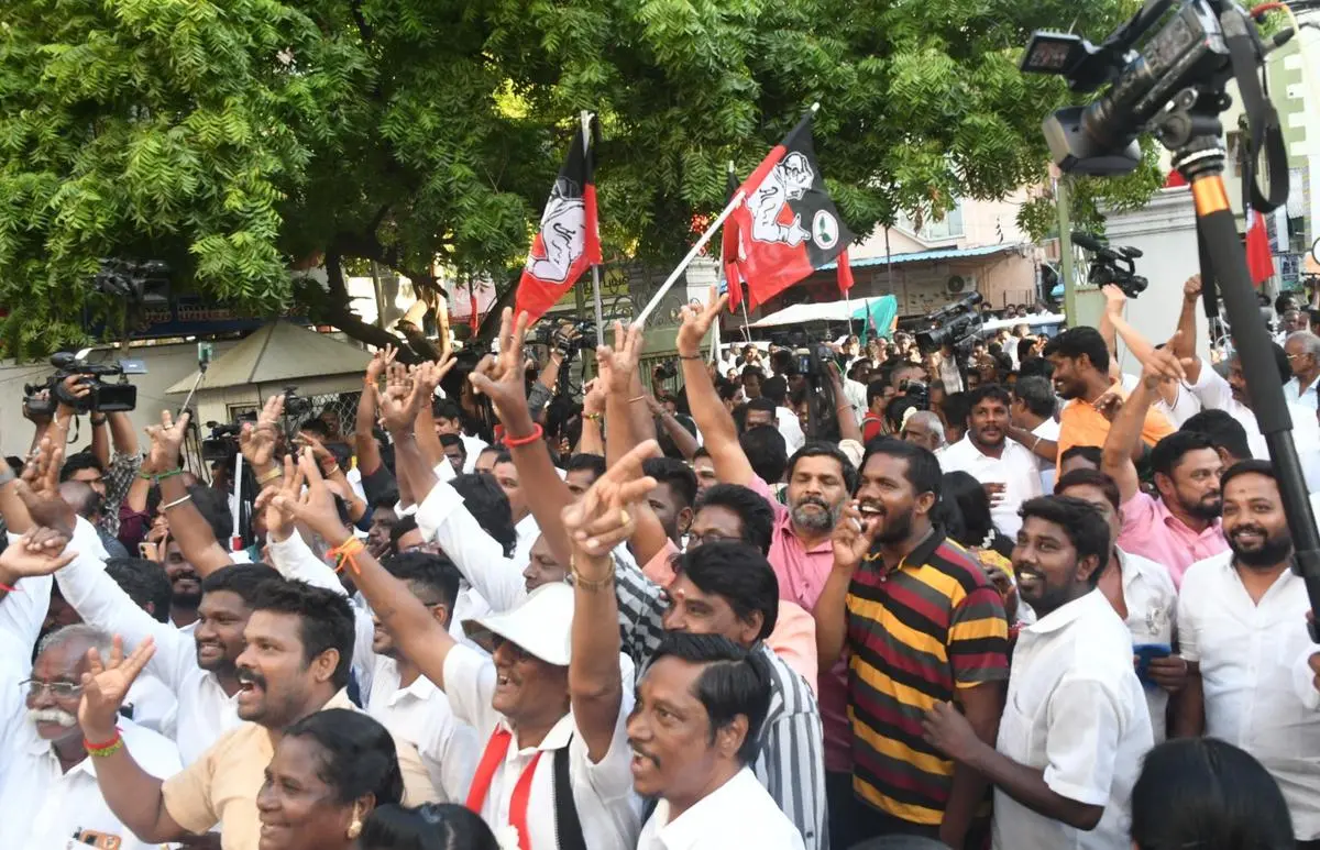 AIADMK party cadre celebrating at the party headquarters after the party decided to withdraw from electoral alliance with the BJP in Chennai