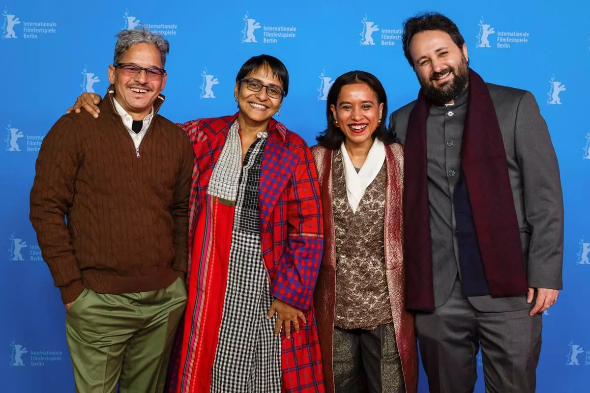 (from left) Director duo Saumyananda Sahi and Tanushree Das, with actors Tillotama Shome and Chandan Bisht at the 75th Berlinale.