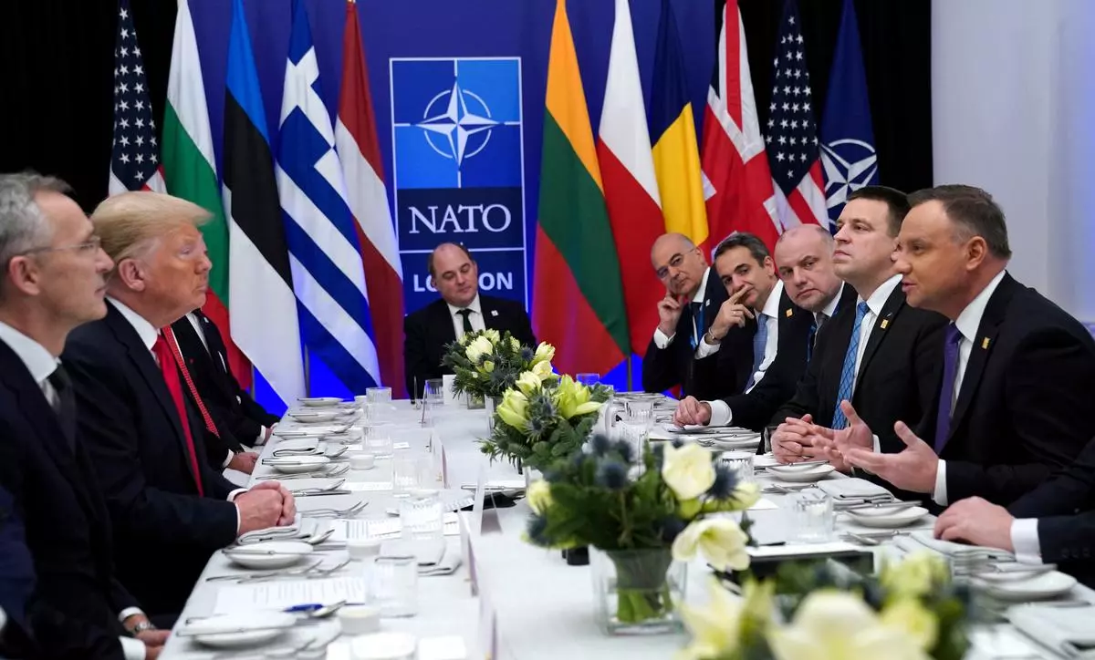 Donald Trump at a NATO meeting in Watford, UK, on December 4, 2019. In his first term, Trump was sceptical about NATO and asked European members to share a greater economic burden for their defence. 