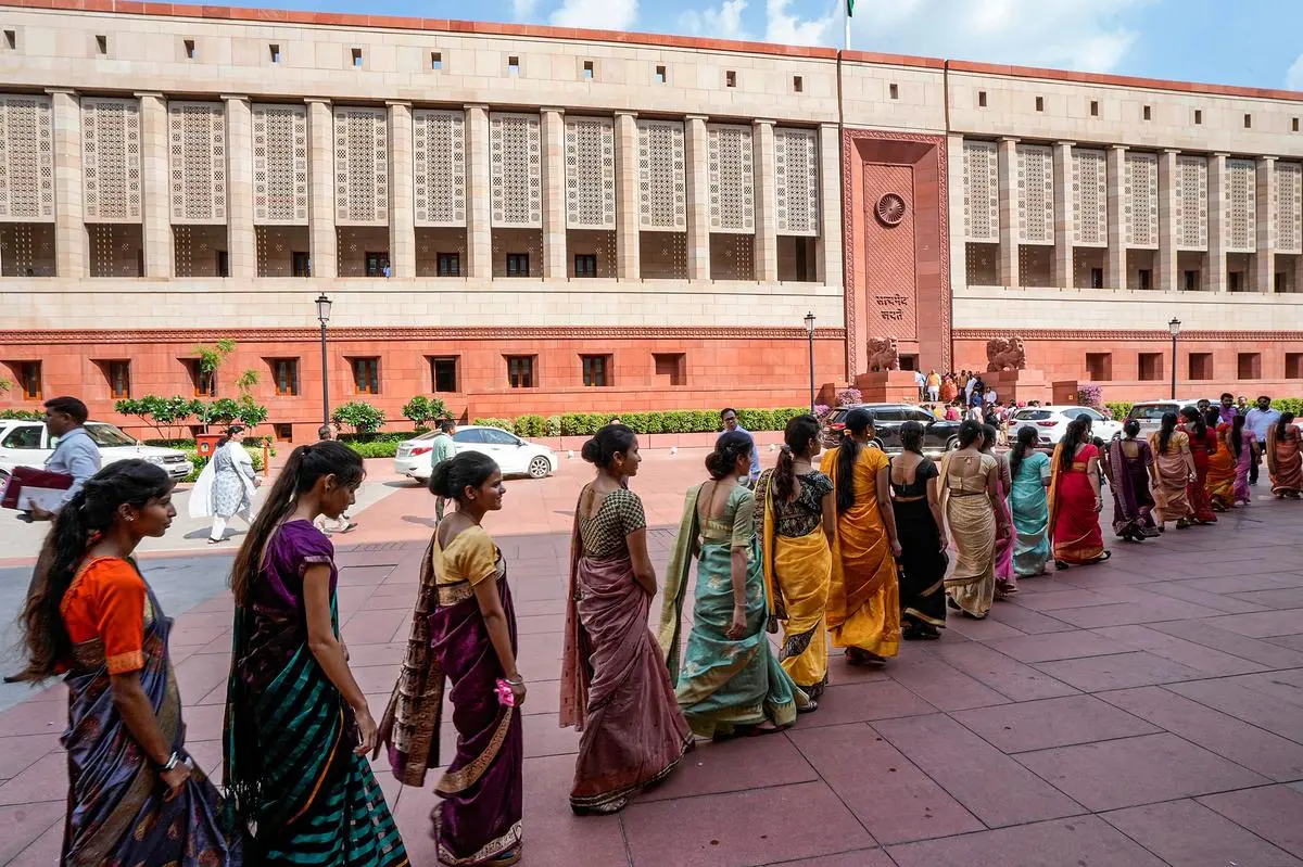 Women visitors making their way to the Lok Sabha visitors’ gallery to watch the debate on the Women’s Reservation Bill during the Special Session on September 20, 2025.
