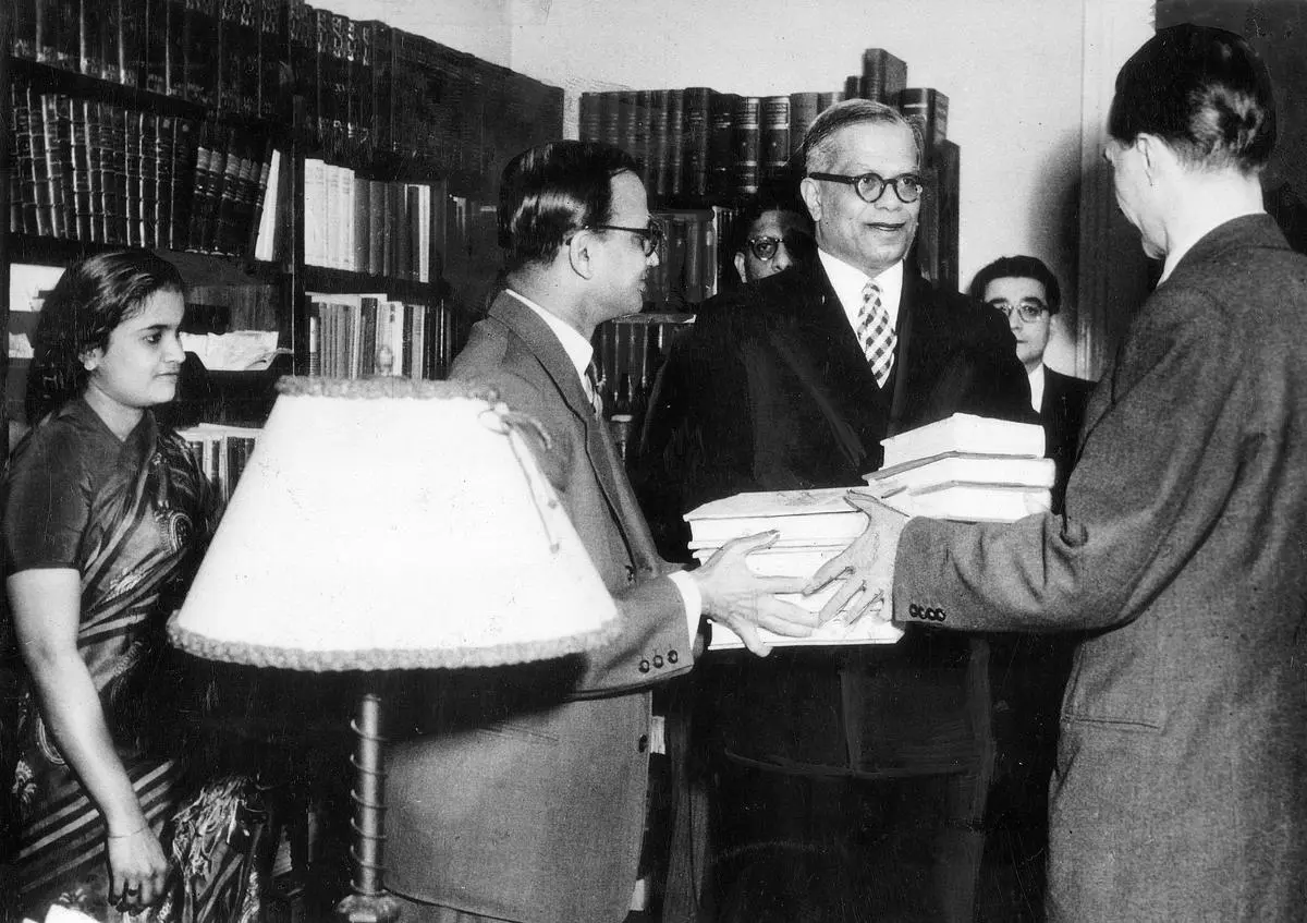 April 1, 1954: K.P.S. Menon, Indian Ambassador to the Soviet Union who was concurrently accredited to Poland and Hungary, presenting six volumes on the life of Mahatma Gandhi on behalf of the Mahatma Gandhi Memorial Trust to the National Library at Budapest.