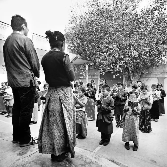 A prayer assembly in the renovated Tibetan school in Majnu ka Tilla. A 2015 photograph. A prayer assembly in the renovated Tibetan school in Majnu ka Tilla. A 2015 photograph.