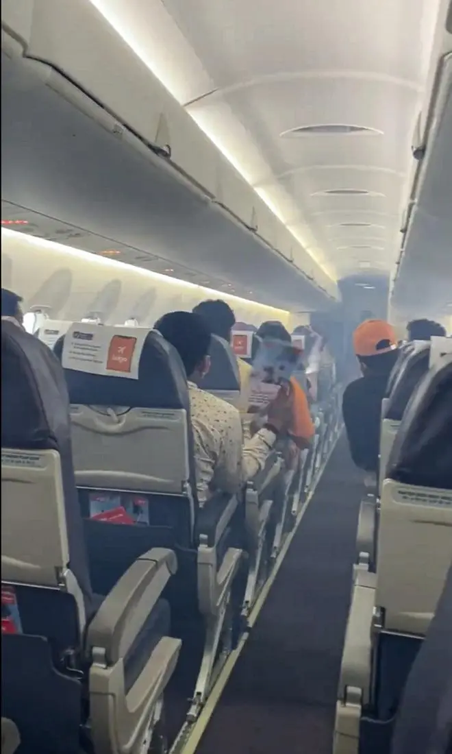 Smoke seen in the Delhi-Jabalpur SpiceJet flight on July 2. A grab from a video posted by @saurabhdigidir**. Smoke seen in the Delhi-Jabalpur SpiceJet flight on July 2. A grab from a video posted by @saurabhdigidir**.