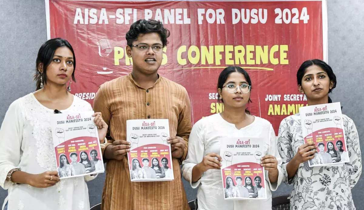 AISA and SFI alliance candidates release their manifesto ahead of the DUSU elections in New Delhi.