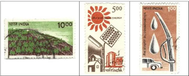 Afforestation (1984), non-renewable energy such as Solar Energy (1988), and energy conservation such as Oil Conservation (1995) emerged as some of the major issues to be featured on stamps in the mid-1980s. Afforestation (1984), non-renewable energy such as Solar Energy (1988), and energy conservation such as Oil Conservation (1995) emerged as some of the major issues to be featured on stamps in the mid-1980s.