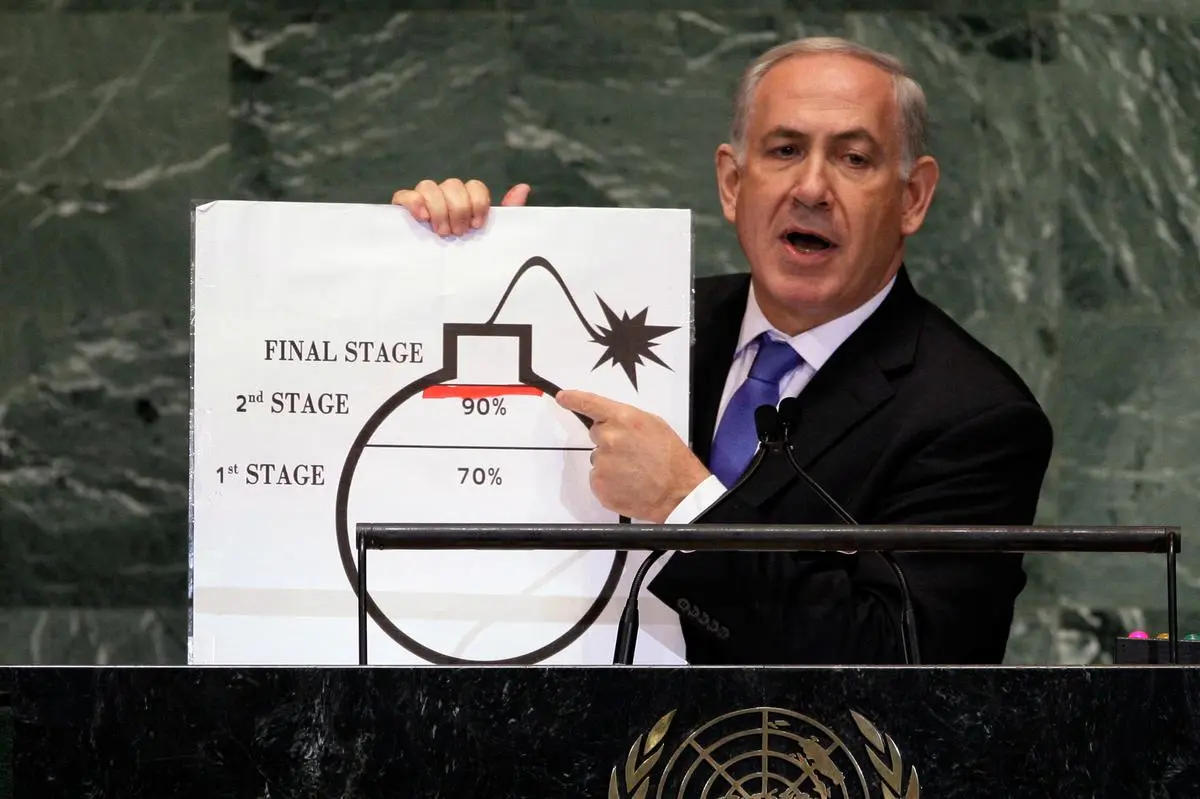 Israeli Prime Minister Benjamin Netanyahu shows an illustration as he describes his concerns over Iran’s nuclear ambitions during the 67th session of the United Nations General Assembly at UN headquarters, on September 27, 2012. Israeli Prime Minister Benjamin Netanyahu shows an illustration as he describes his concerns over Iran’s nuclear ambitions during the 67th session of the United Nations General Assembly at UN headquarters, on September 27, 2012.
