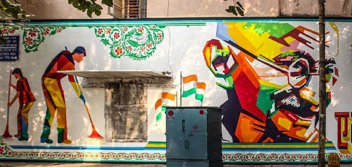 Swachh Bharat Mural by Painter Kafeel and St+Art India, Lodhi Colony, Delhi. Swachh Bharat Mural by Painter Kafeel and St+Art India, Lodhi Colony, Delhi.