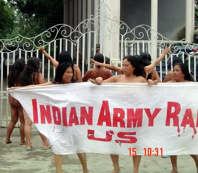 Women protesting the killing of Thangjam Manorama Devi at Kangla Fort, Imphal, and demanding removal of AFSPA from Manipur.THE HINDU archives Women protesting the killing of Thangjam Manorama Devi at Kangla Fort, Imphal, and demanding removal of AFSPA from Manipur.THE HINDU archives