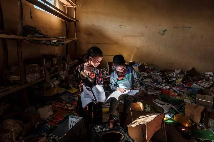 In the library of an elementary school that was damaged in the fighting, in the village of Bisober in Tigray on December 9, 2020. 