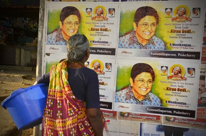 A poster welcoming Kiran Bedi when she was Lt Governor of Puducherry in 2016. A poster welcoming Kiran Bedi when she was Lt Governor of Puducherry in 2016.