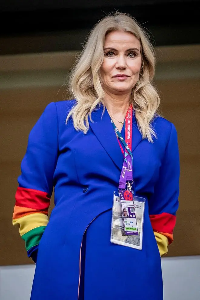 Former Danish Prime Minister Helle Thorning-Schmidt wears rainbow coloured sleeves on her outfit during the World Cup match between Denmark and Tunisia at the Education City Stadium in Al-Rayyan, west of Doha on November 22. Former Danish Prime Minister Helle Thorning-Schmidt wears rainbow coloured sleeves on her outfit during the World Cup match between Denmark and Tunisia at the Education City Stadium in Al-Rayyan, west of Doha on November 22.