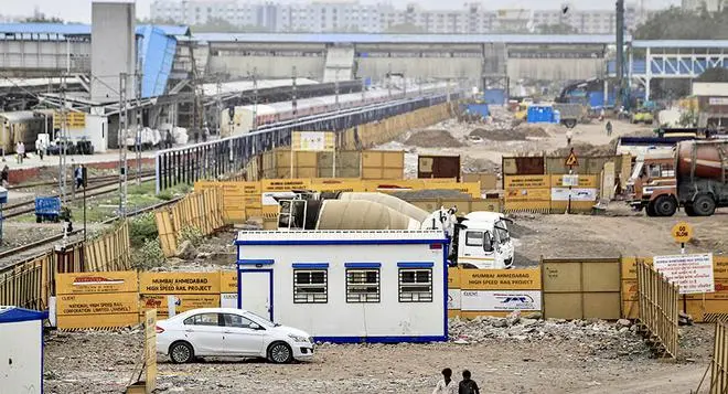 Construction of the Ahmedabad-Mumbai bullet train corridor in Ahmedabad on July 1, 2022. Construction of the Ahmedabad-Mumbai bullet train corridor in Ahmedabad on July 1, 2022.