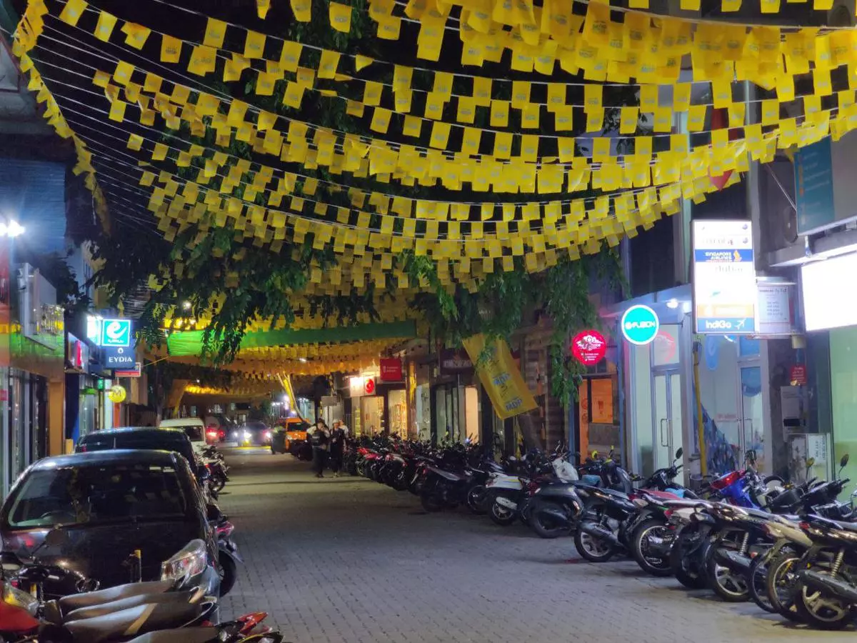 The ruling MDP’s decorations on a street in Malé.