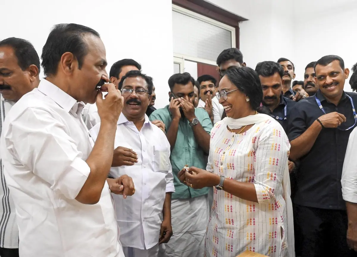 Kerala Assembly LoP V.D. Satheesan celebrating with party workers on the election results day at Cantonment House, in Thiruvananthapuram, on May 4, 2026.