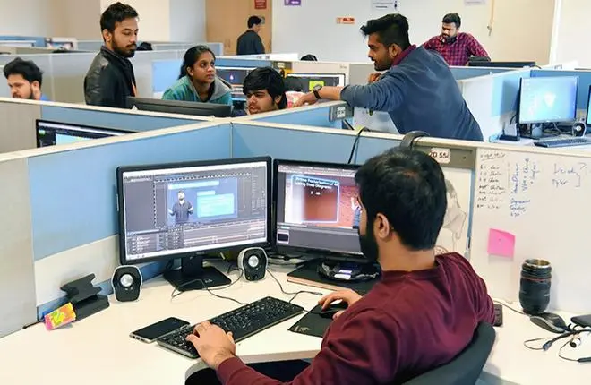 Byju’s employees work on content development for their app at their office in Bengaluru. Byju’s employees work on content development for their app at their office in Bengaluru.